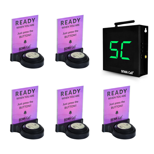 Smart Waiter & Office Staff Calling System (Pack of 5 waterproof  2 Key Buttons and 1 Display )